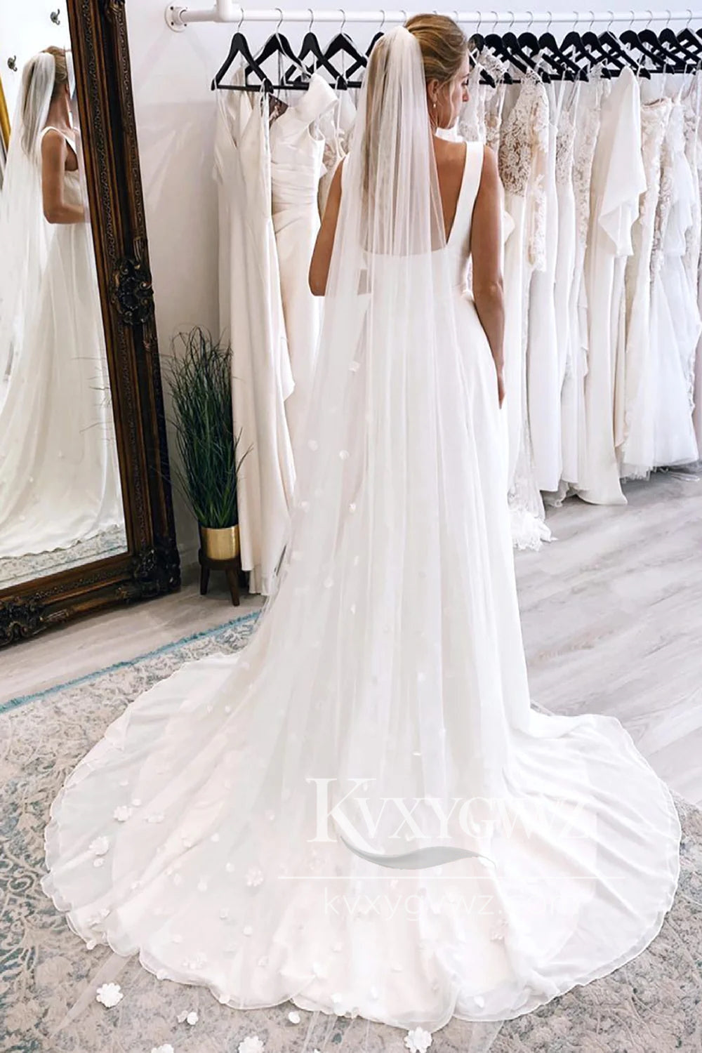 Graceful A-Line Square Neck White Satin Wedding Dresses Gown With Slit HS716