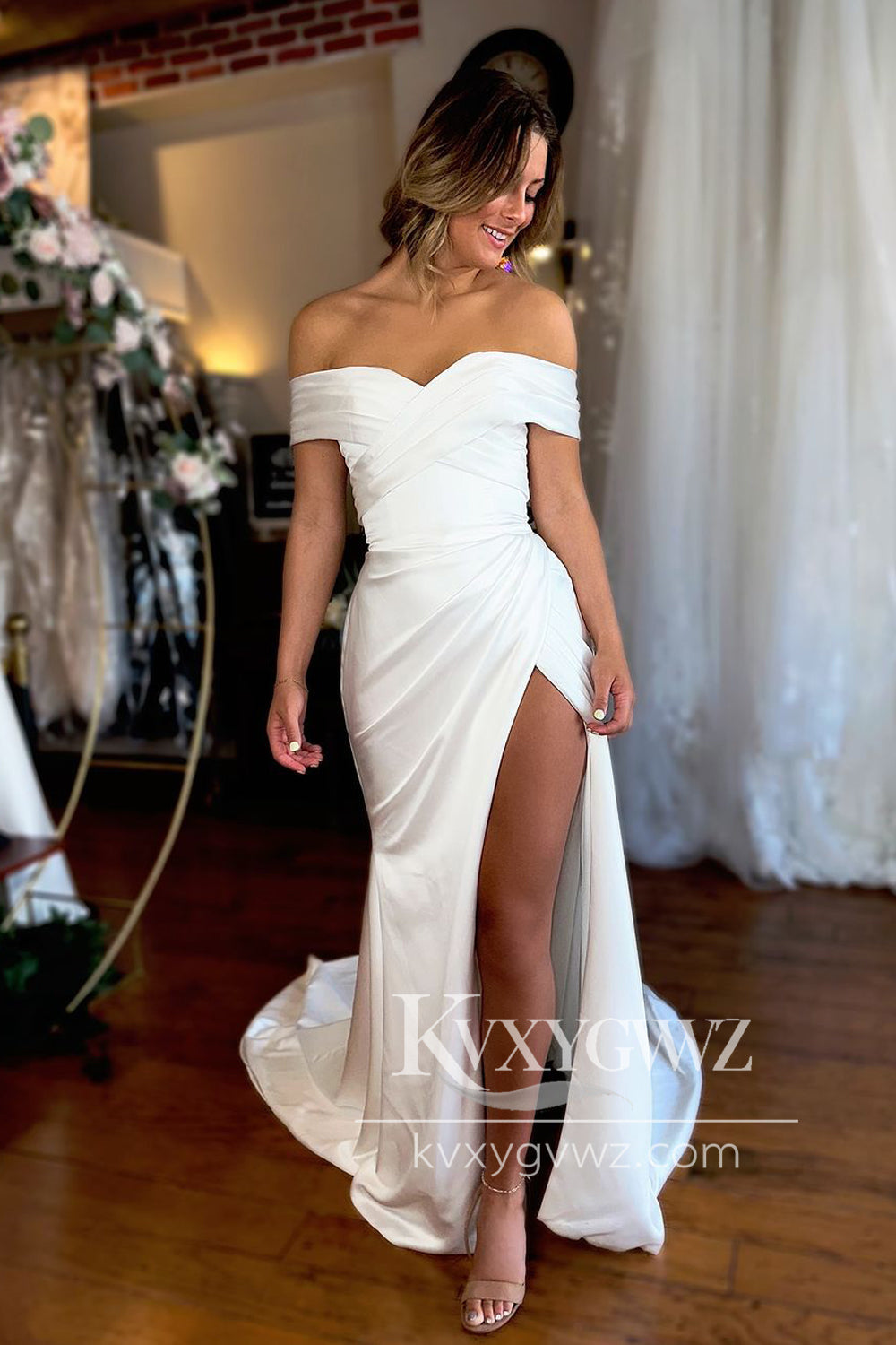Graceful Mermaid Off the Shoulder Satin Wedding Dresses Gown with Slit HS719