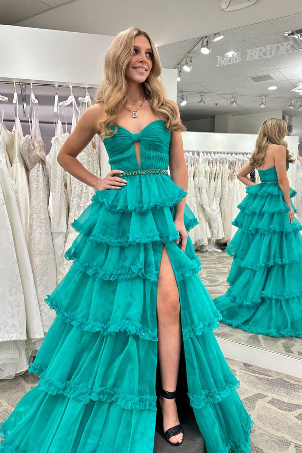 A-Line Strapless Green Ruffle Tiered Long Prom Dress Gown with Slit LF1410