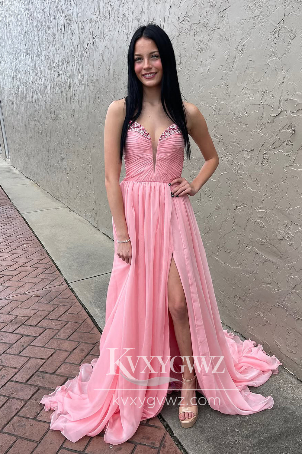 Stunning A Line Evening Gown V Neck Pink Chiffon Slit Prom Dress with Beading LF729
