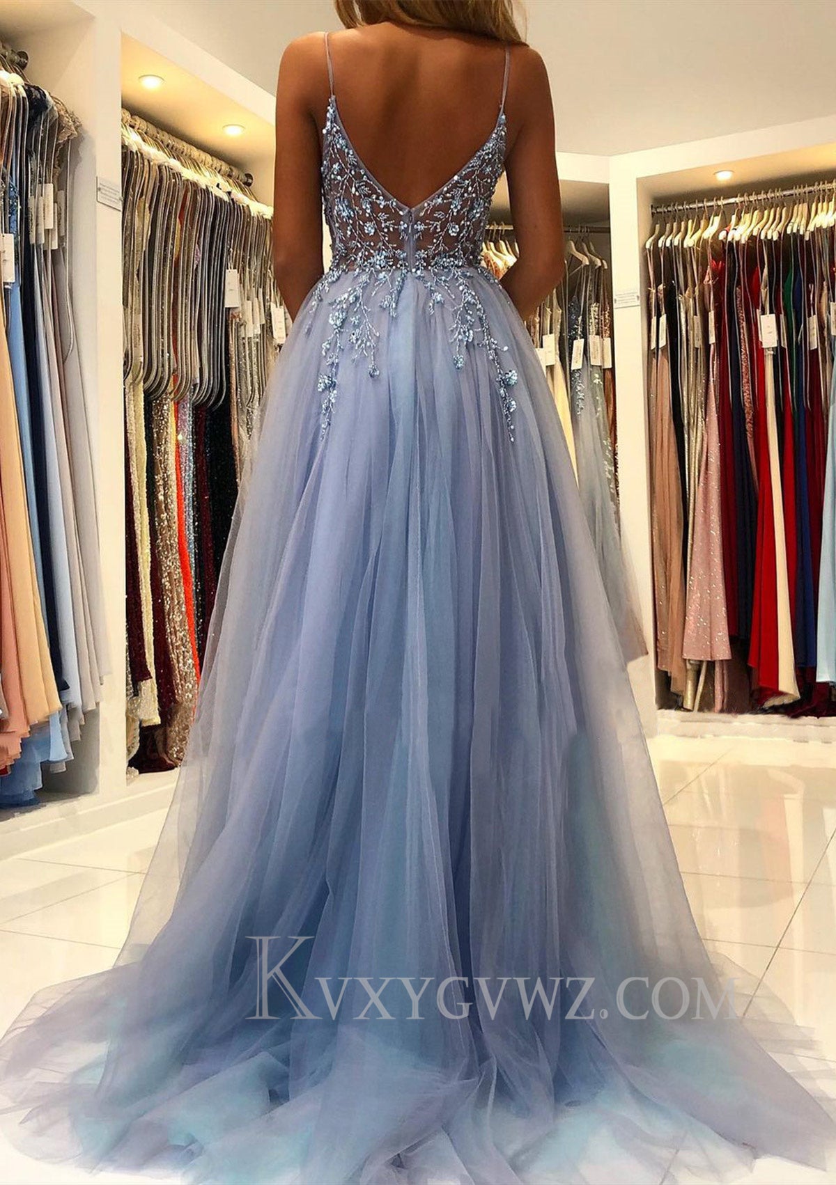 Dusty Blue Spaghetti Straps V Neck Appliqued Prom Dress with Slit LF073