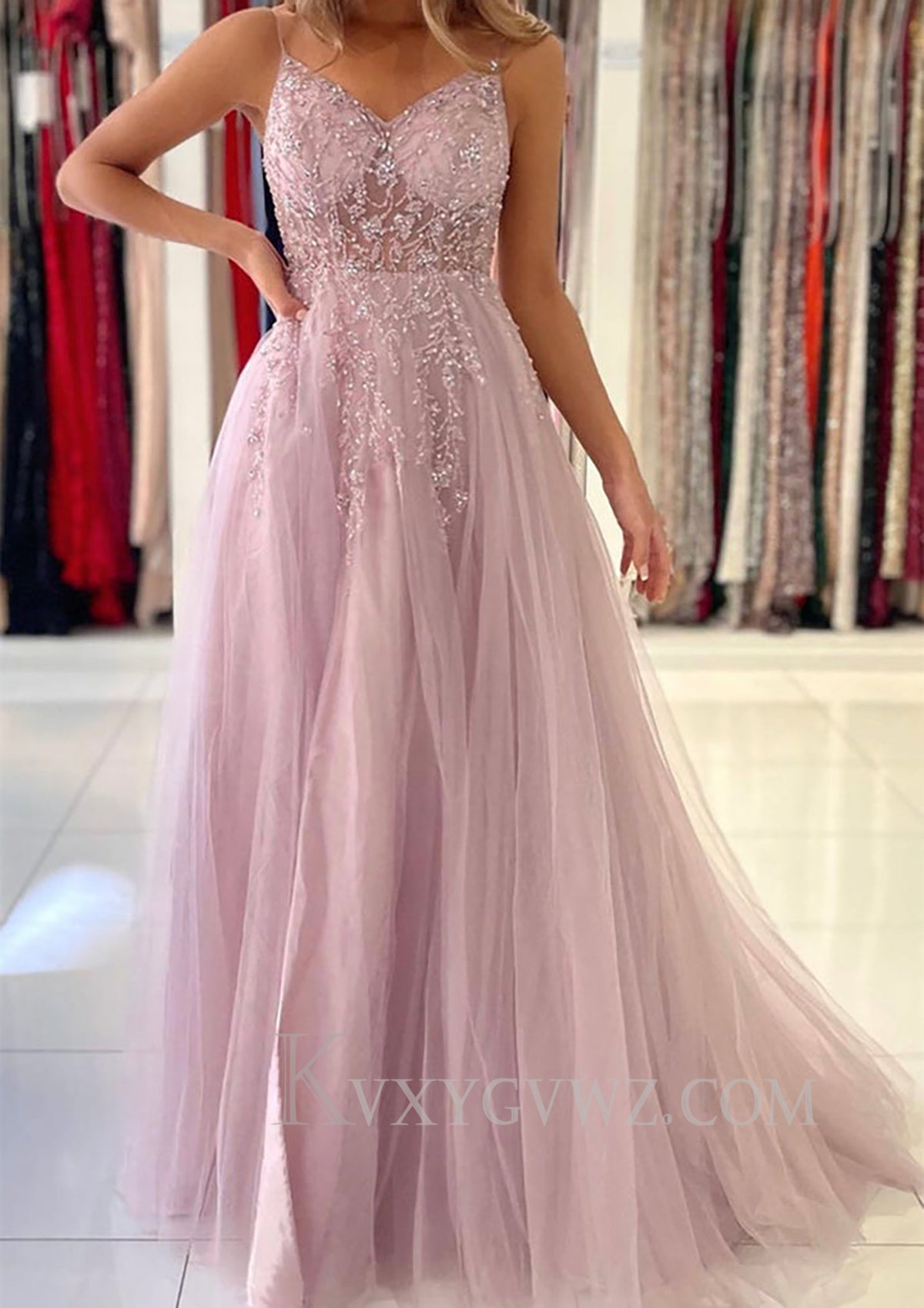 Dusty Blue Spaghetti Straps V Neck Appliqued Prom Dress with Slit LF073