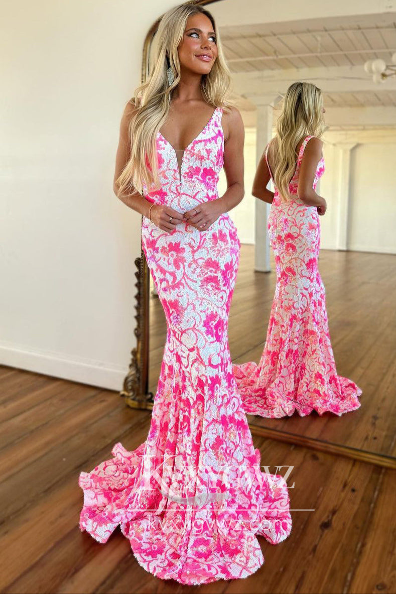 Pretty Pink Deep V Neck Sequin Evening Gown Lace Mermaid Prom Dress LF732