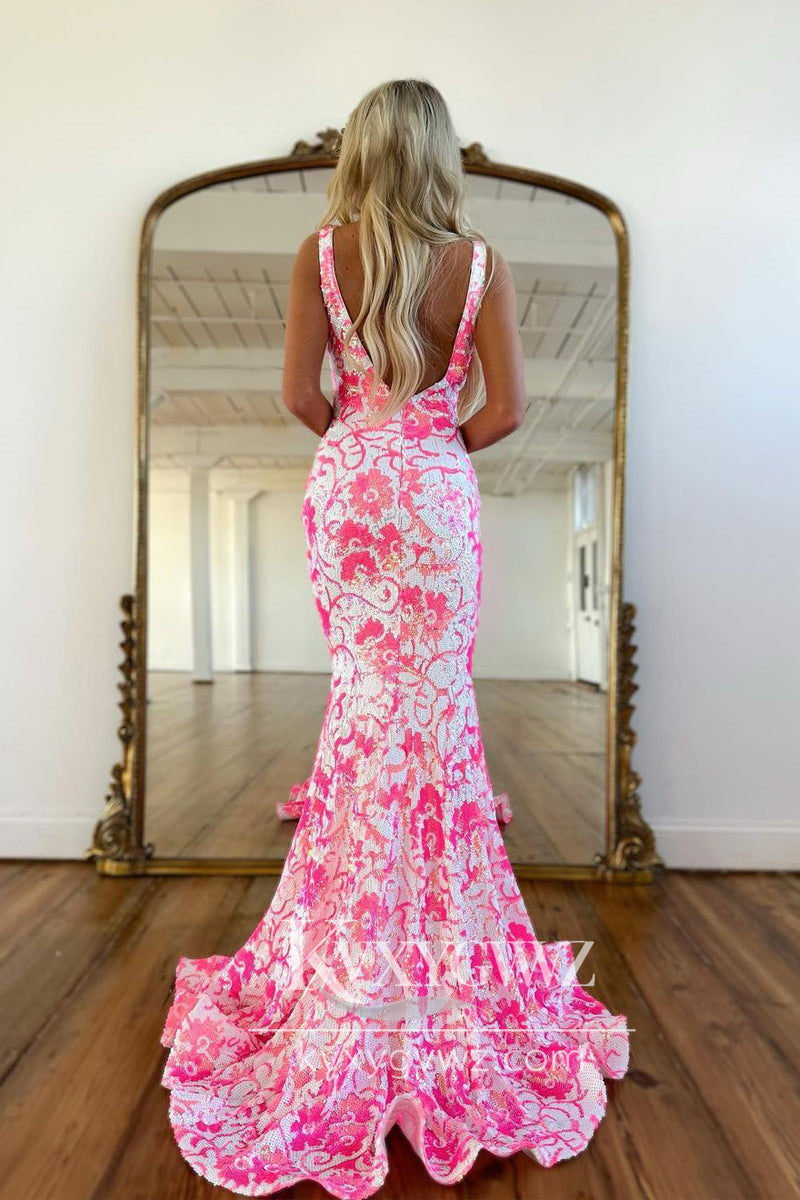 Pretty Pink Deep V Neck Sequin Evening Gown Lace Mermaid Prom Dress LF732