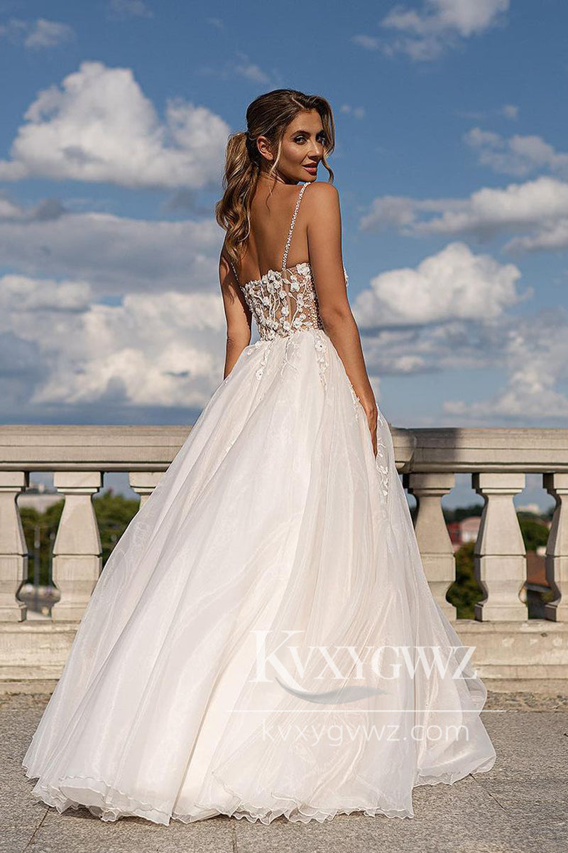 A-Line Spaghetti Strap V Neck White Beaded Wedding Dresses Gown HS735