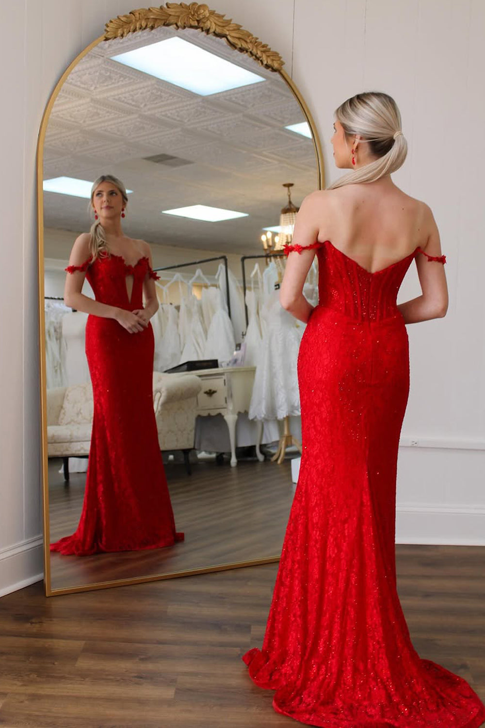 Mermaid Off the Shoulder Red Lace Long Prom Dress Gown with Beads LF1370