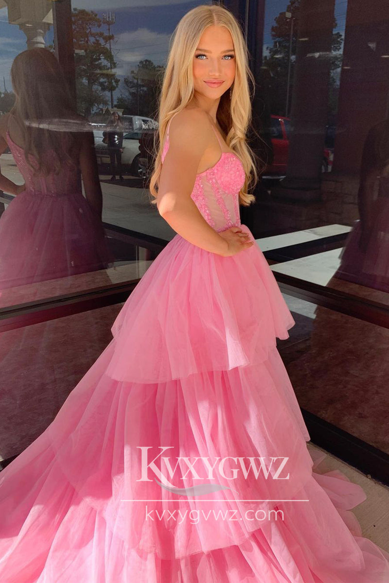 Stunning A-Line Pink Evening Gown Tiered Tulle Long Prom Dress LF736