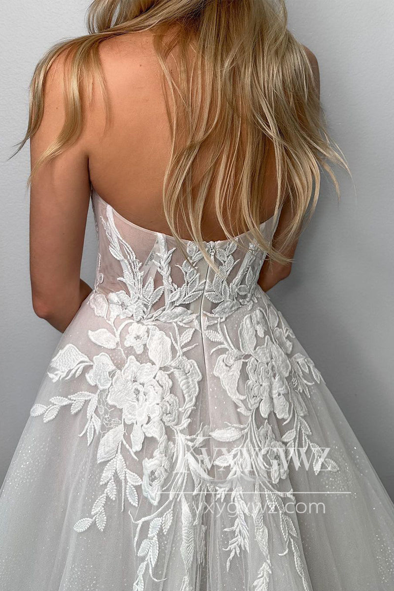 Glamorous A-Line Sweetheart Tulle Beach Wedding Dresses Gown with Appliques HS739