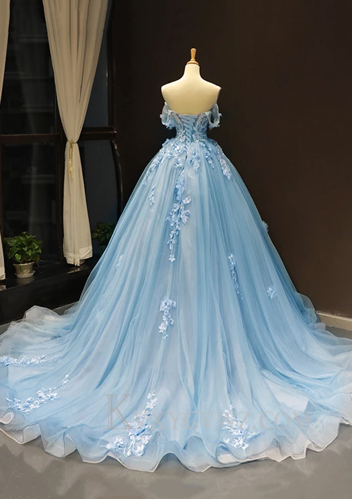 Off The Shoulder A-line Appliqued Sweep Train Tulle Prom Dresses LF074