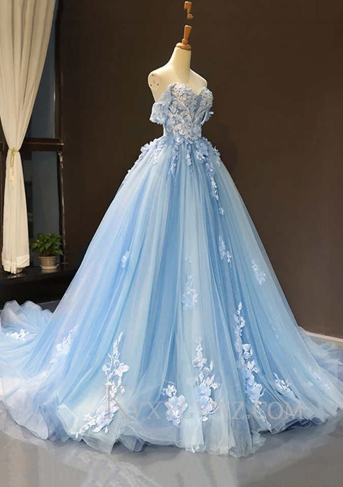Off The Shoulder A-line Appliqued Sweep Train Tulle Prom Dresses LF074