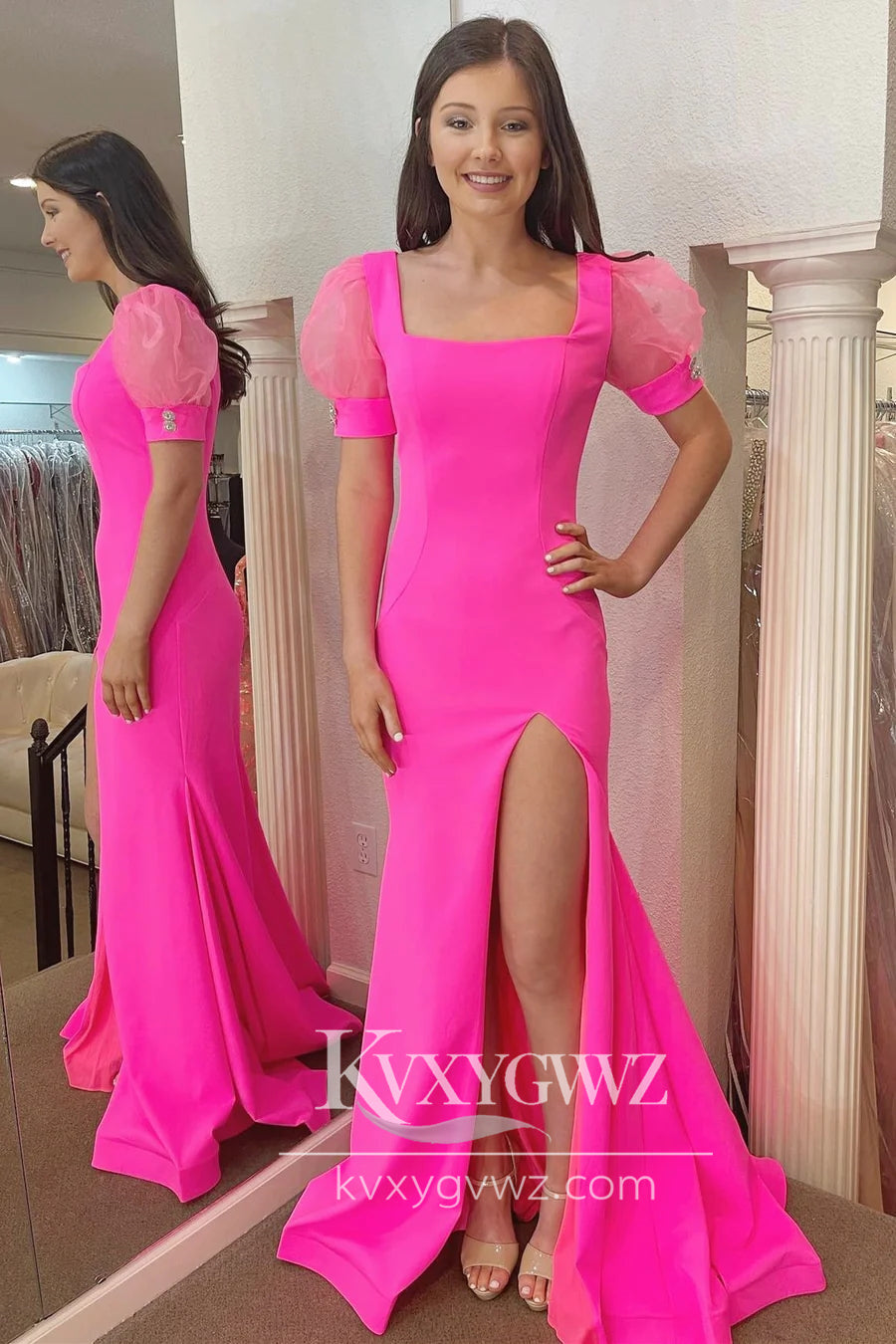 Stunning Hot Pink Evening Gown Square Neck Puff Sleeve Mermaid Long Prom Dress with Slit LF743