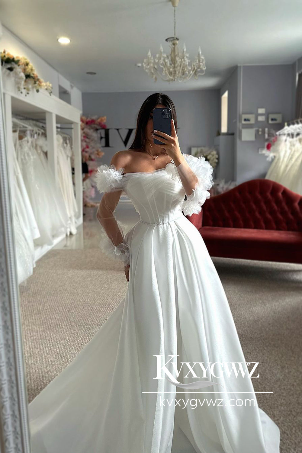 Ball Gown Off the Sholder Long Sleeves Satin Wedding Dresses Gown HS747