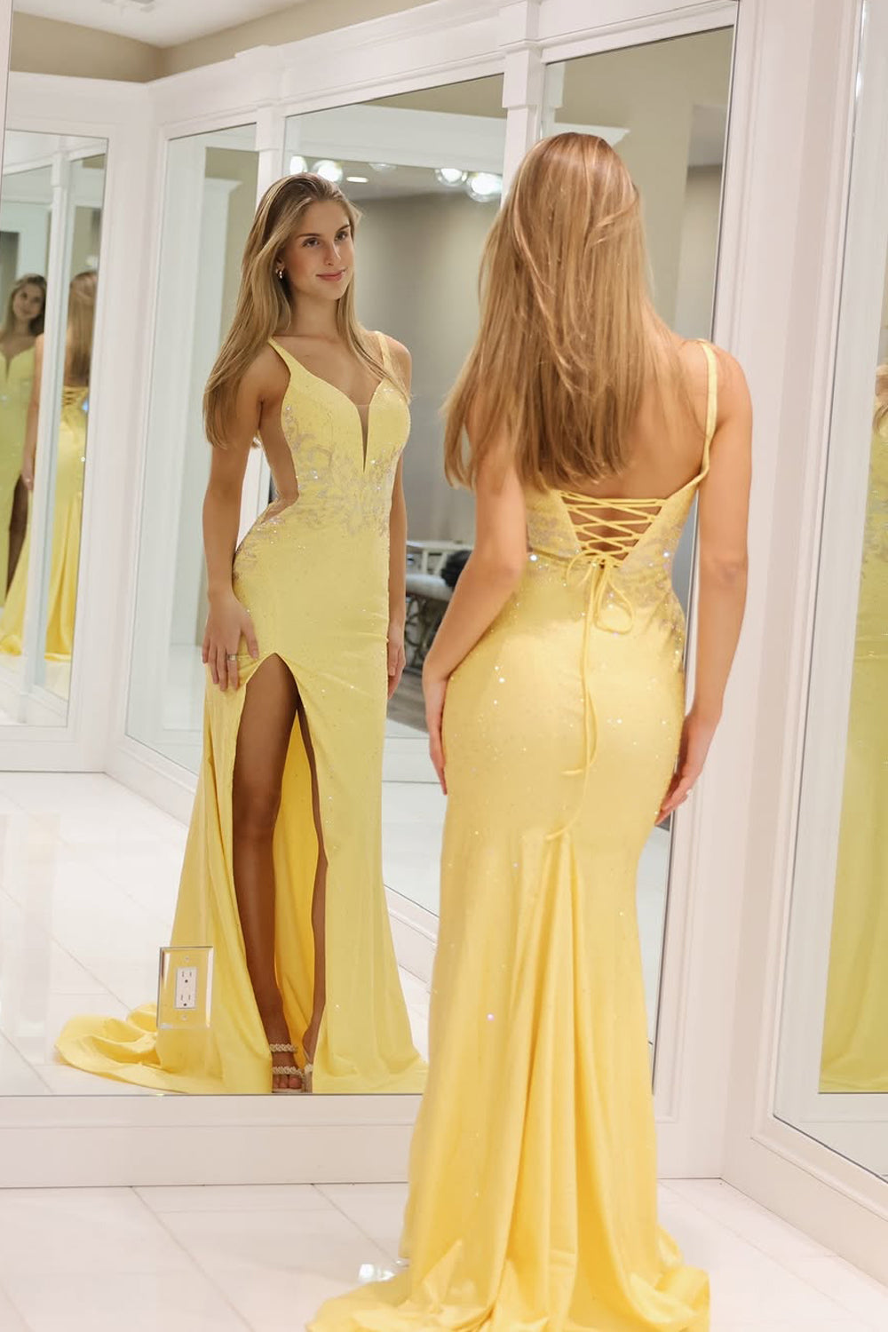Mermaid V Neck Yellow Satin Long Prom Dress Gown with Slit LF1356