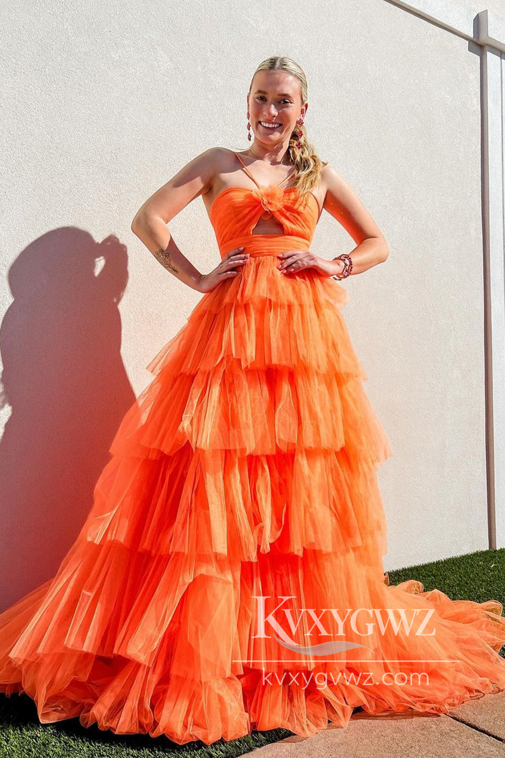 Stunning Ball Gown Straps Orange Tiered Tulle Prom Dress A-line Evening Gown LF749