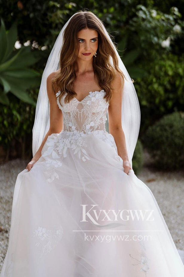 Glamorous A Line Sweetheart Tulle Wedding Dresses Gown with Appliques HS750