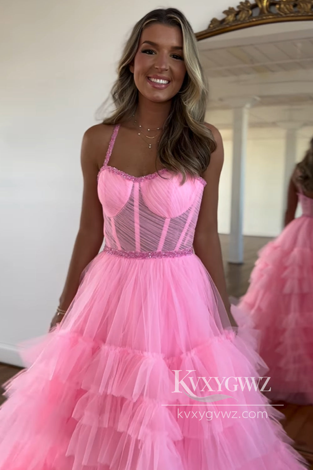 Stunning A Line Evening Gown Scoop Neck Pink Tiered Tulle Long Prom Dress with Beading LF751