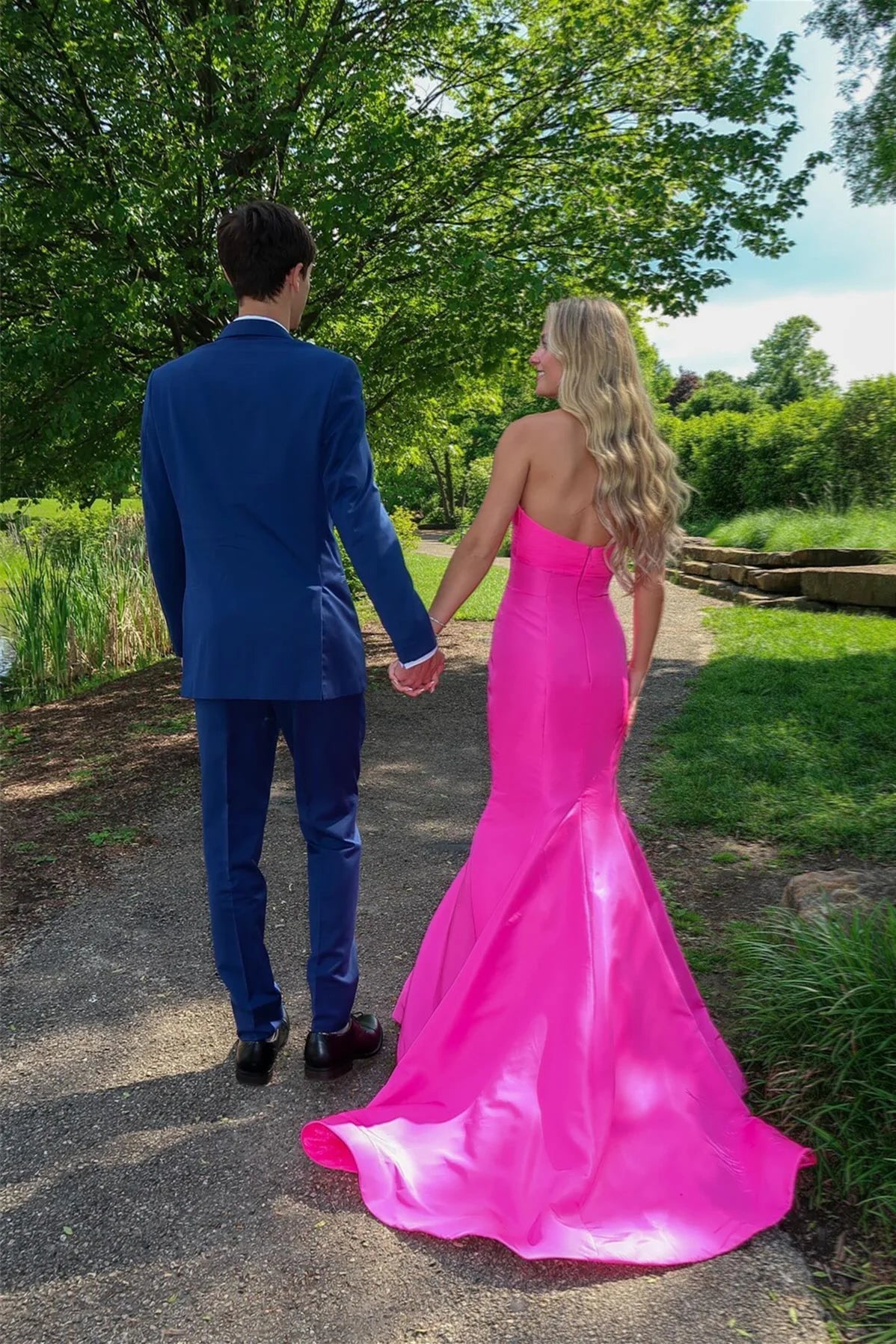 Mermaid Sweetheart Keyhole Pink Satin Prom Dress Gown with Bow LF1211