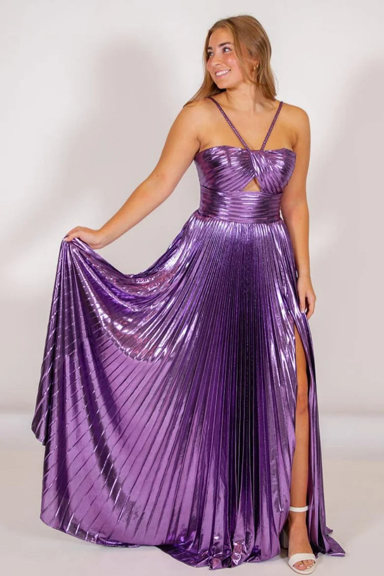 Glamorous A Line Staps Conspicuous Satin Long Prom Dress Gown with Slit LF1366