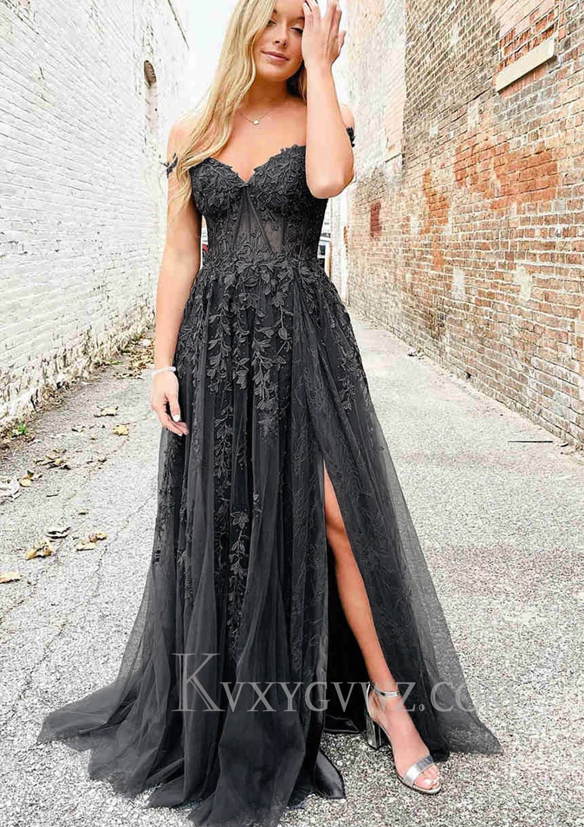 Lilac A Line Long High Split Floor Length Prom Dress with Appliques LF076