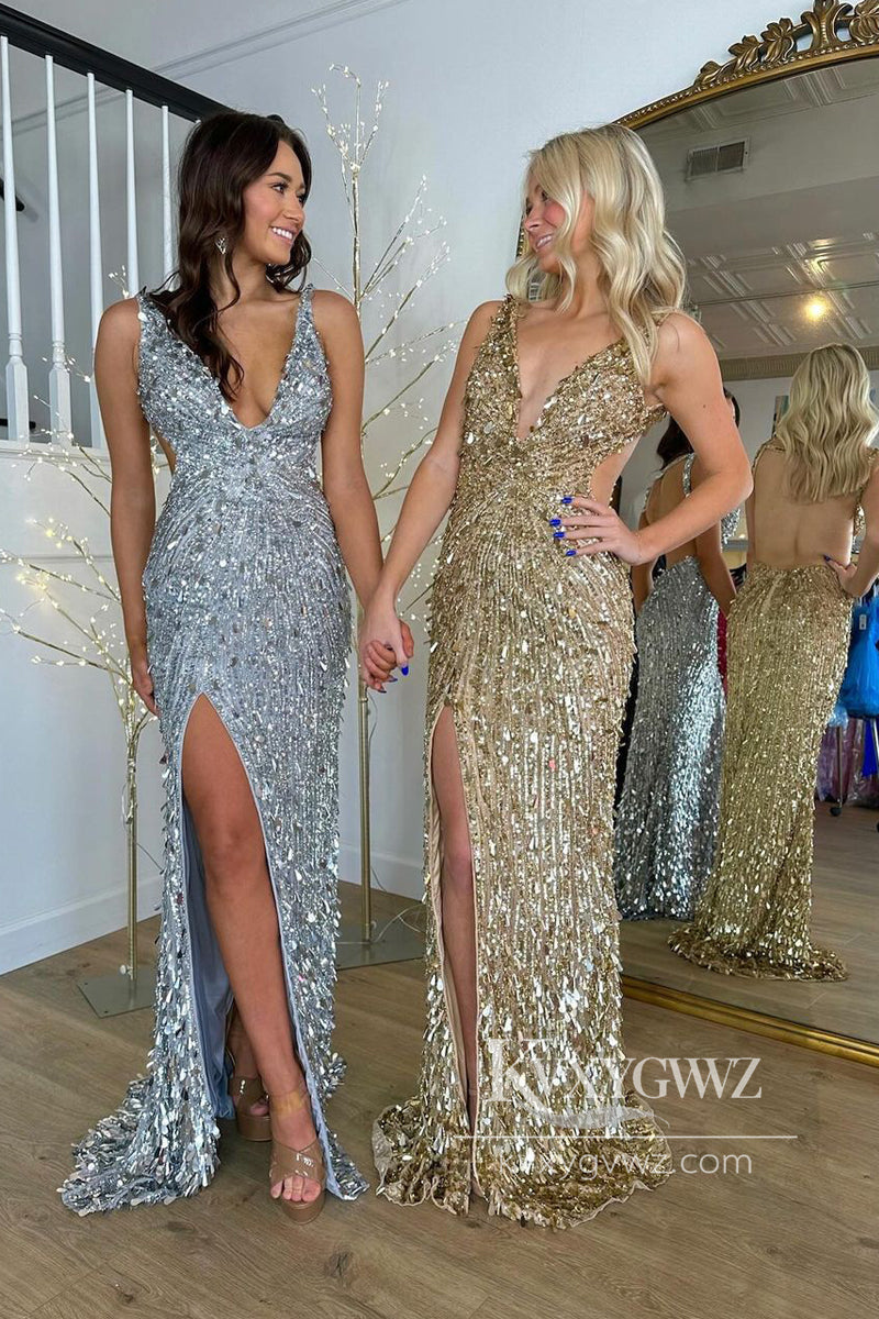 Gold Sequins Mermaid Evening Gown Long Deep V-neck Prom Dress with Slit LF761