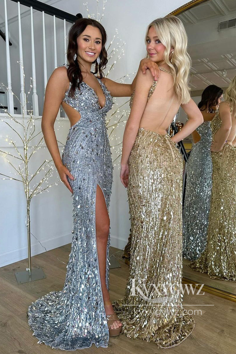 Gold Sequins Mermaid Evening Gown Long Deep V-neck Prom Dress with Slit LF761