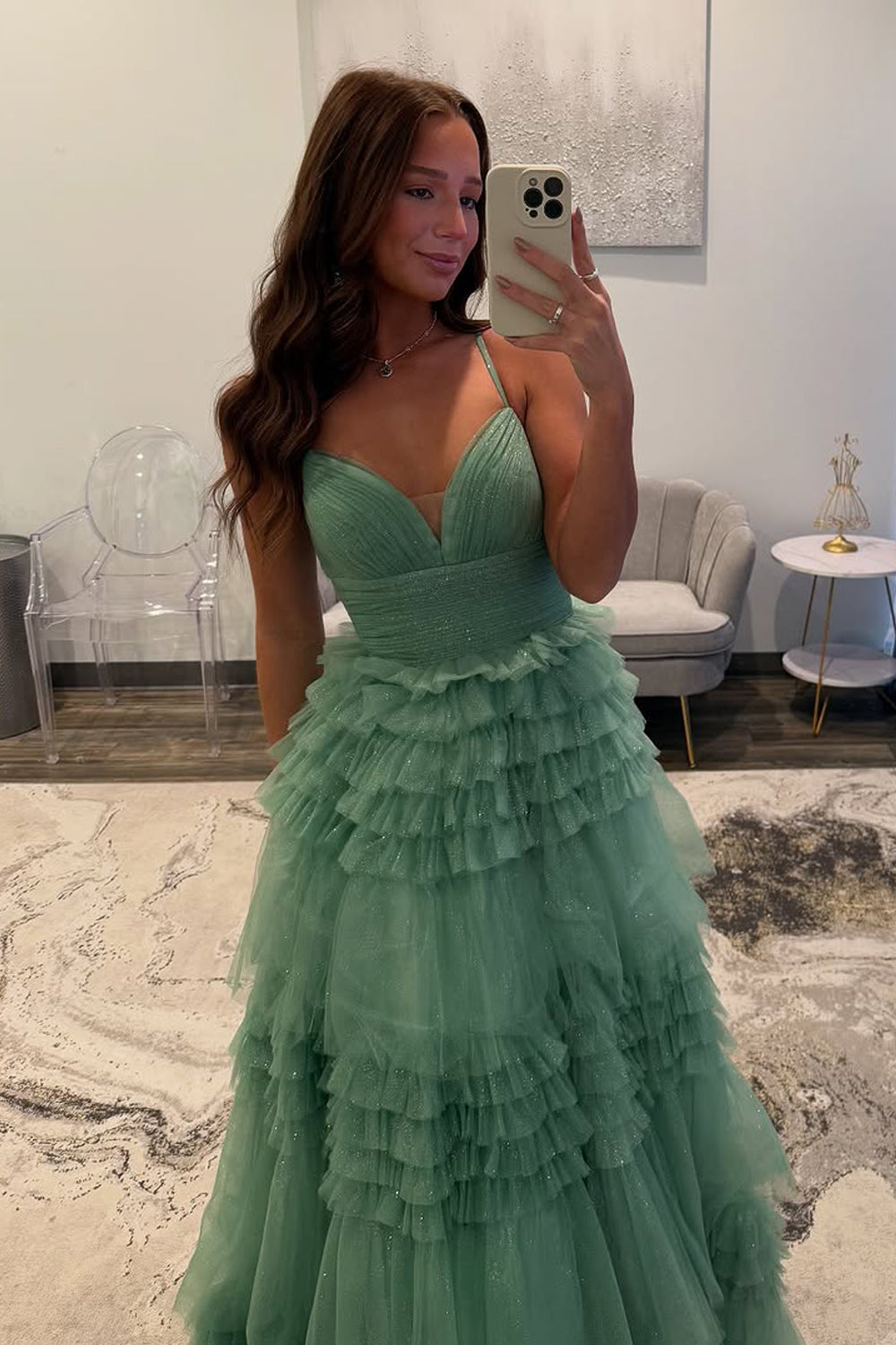 A-Line V Neck Sage Green Tulle Long Prom Dress Gown LF1336