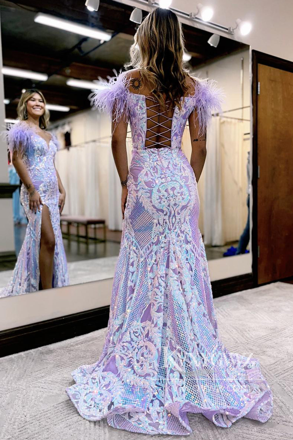 Glittering Mermaid Evening Gown Off the Shoulder Hot Pink Long Prom Dress with Feather LF763