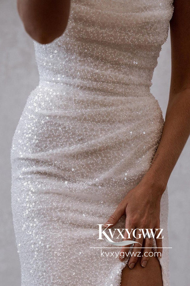 Glamorous Mermaid Off the Shoulder Sequins Wedding Dresses Gown with Slit HS763