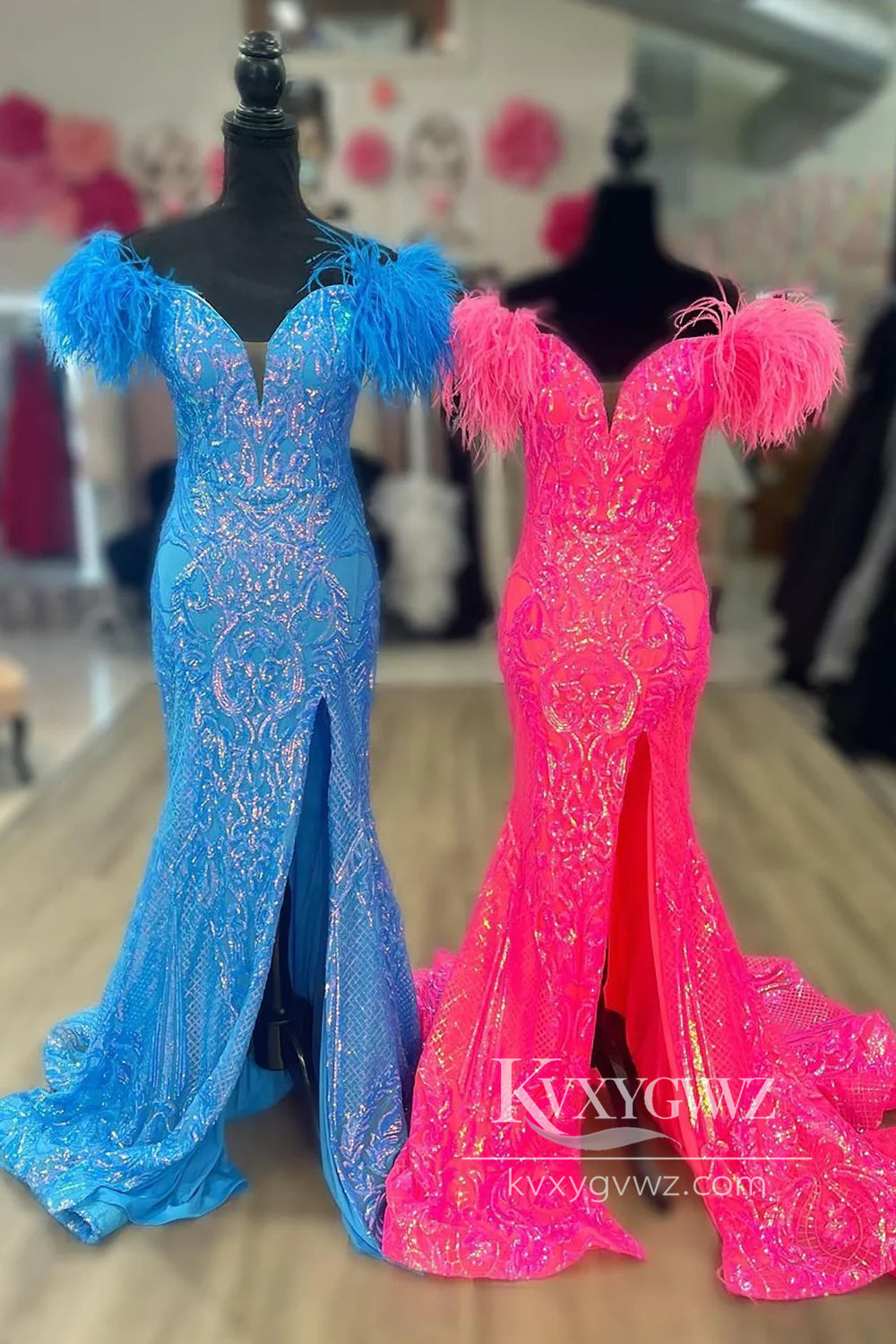 Glittering Mermaid Evening Gown Off the Shoulder Hot Pink Long Prom Dress with Feather LF763