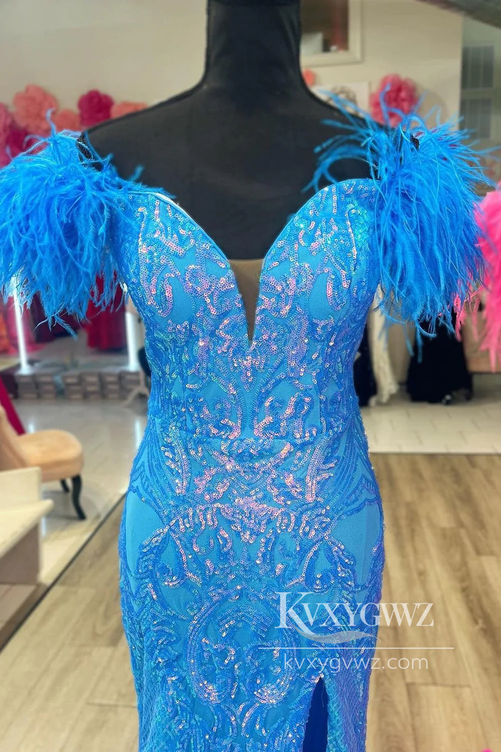 Glittering Mermaid Evening Gown Off the Shoulder Hot Pink Long Prom Dress with Feather LF763