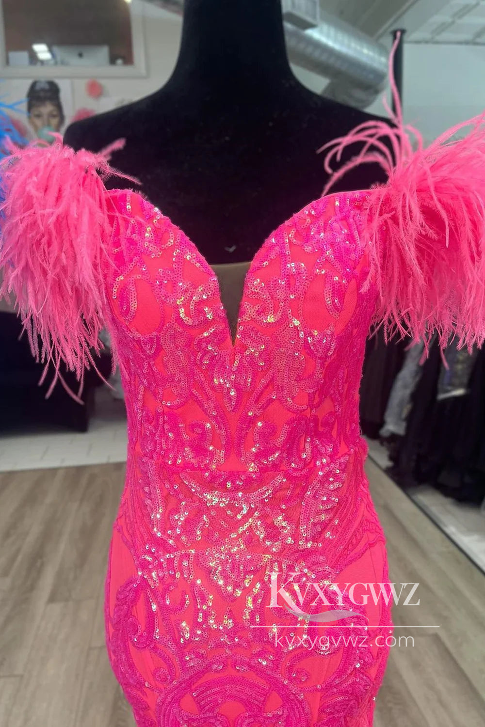 Glittering Mermaid Evening Gown Off the Shoulder Hot Pink Long Prom Dress with Feather LF763