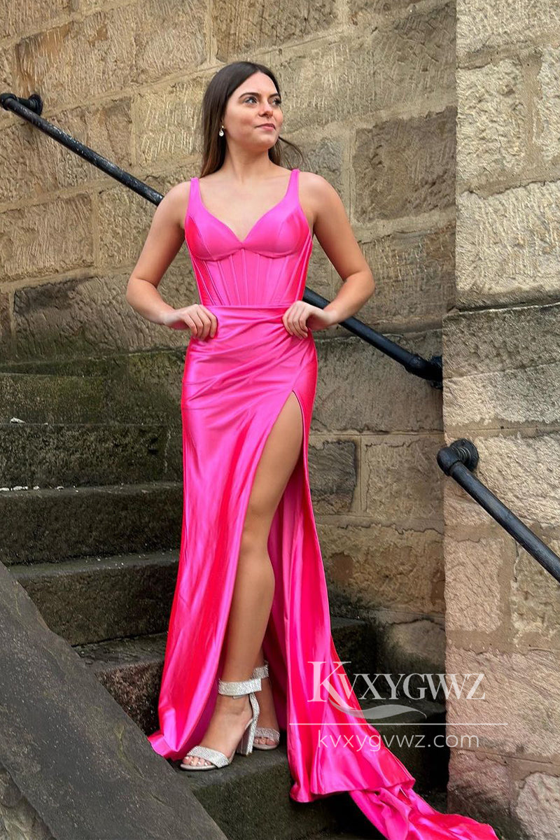Fuchsia V Neck Evening Gown Mermaid Long Prom Dress with Slit LF764