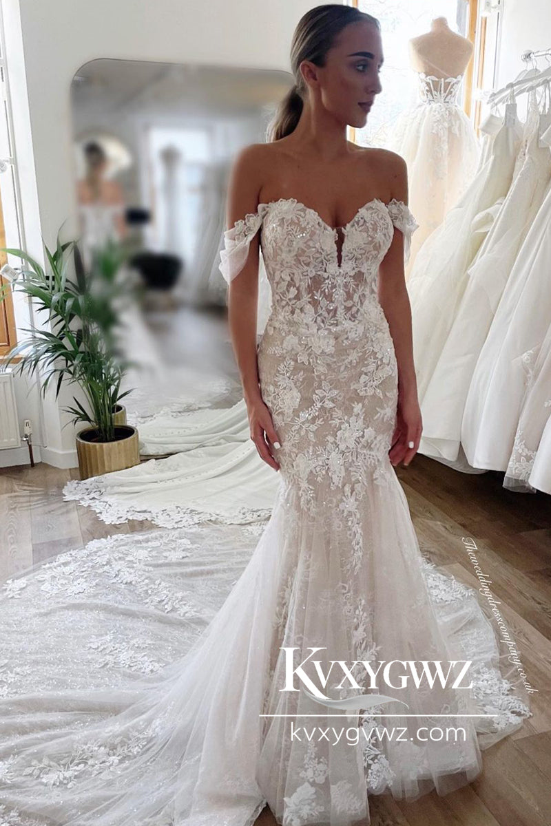 Glamorous Mermaid Off the Shoulder Tulle Lace Wedding Dresses Gown HS766