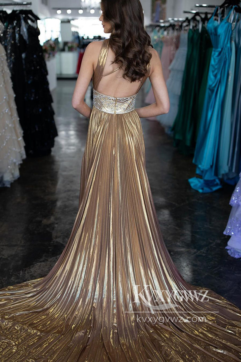 Gold Halter Pleated Satin Evening Gown Long Prom Dress with Beading LF766