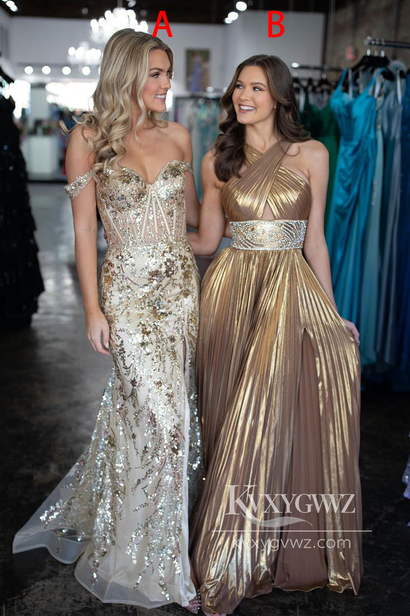 Gold Halter Pleated Satin Evening Gown Long Prom Dress with Beading LF766