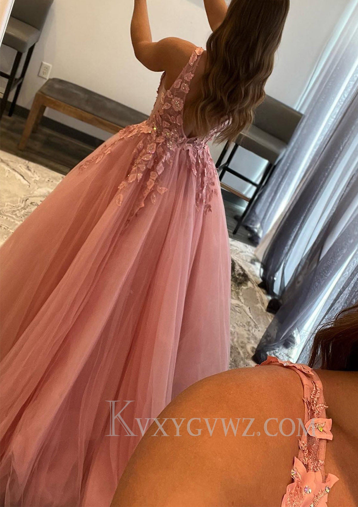 Coral V-neck Tulle Appliqued Prom Dress with Beadings LF077