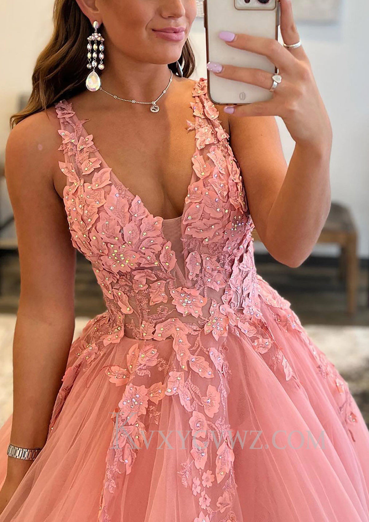 Coral V-neck Tulle Appliqued Prom Dress with Beadings LF077
