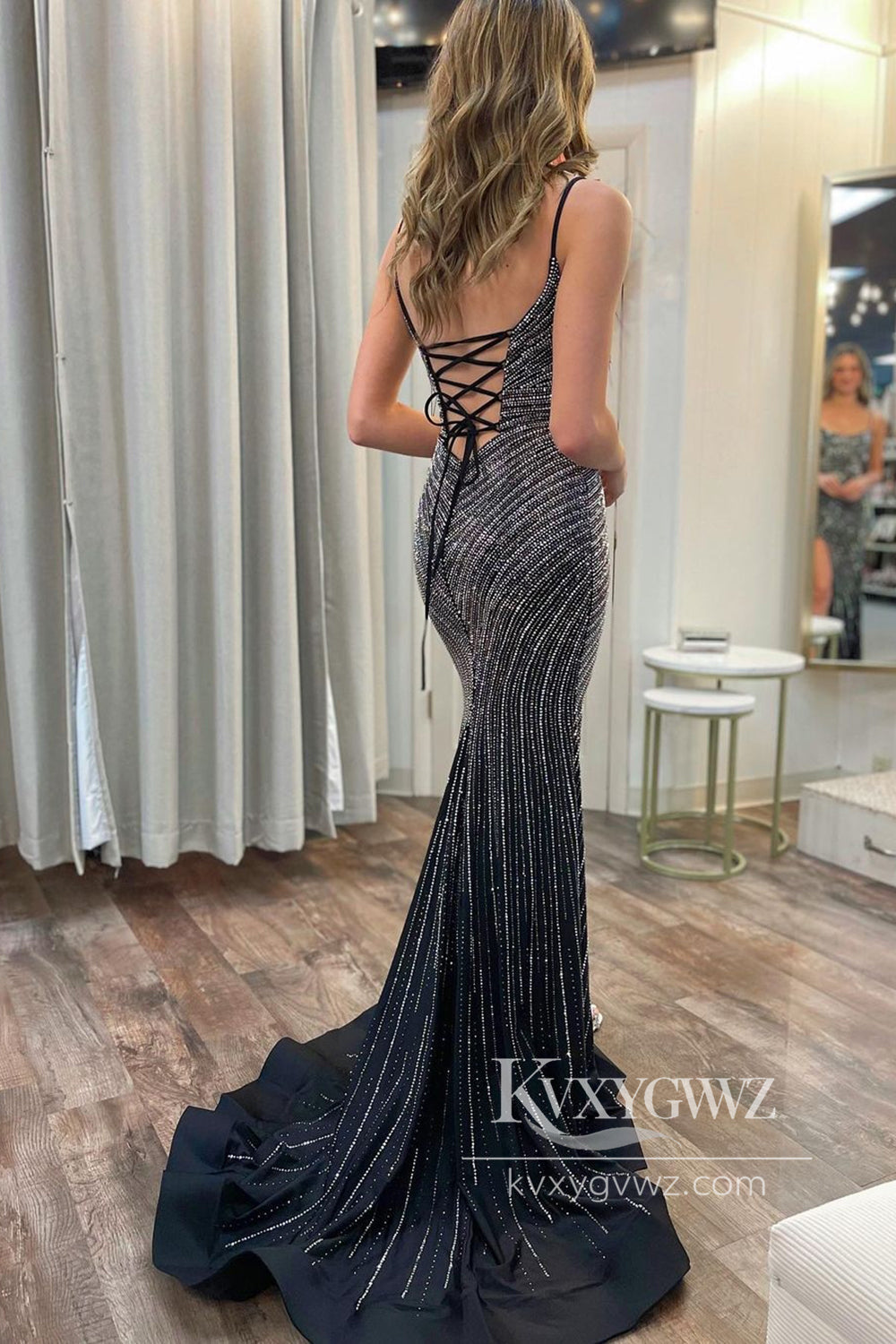 Dazzling Mermaid Black Satin Evening Gown Sequins Prom Dress with Slit LF770