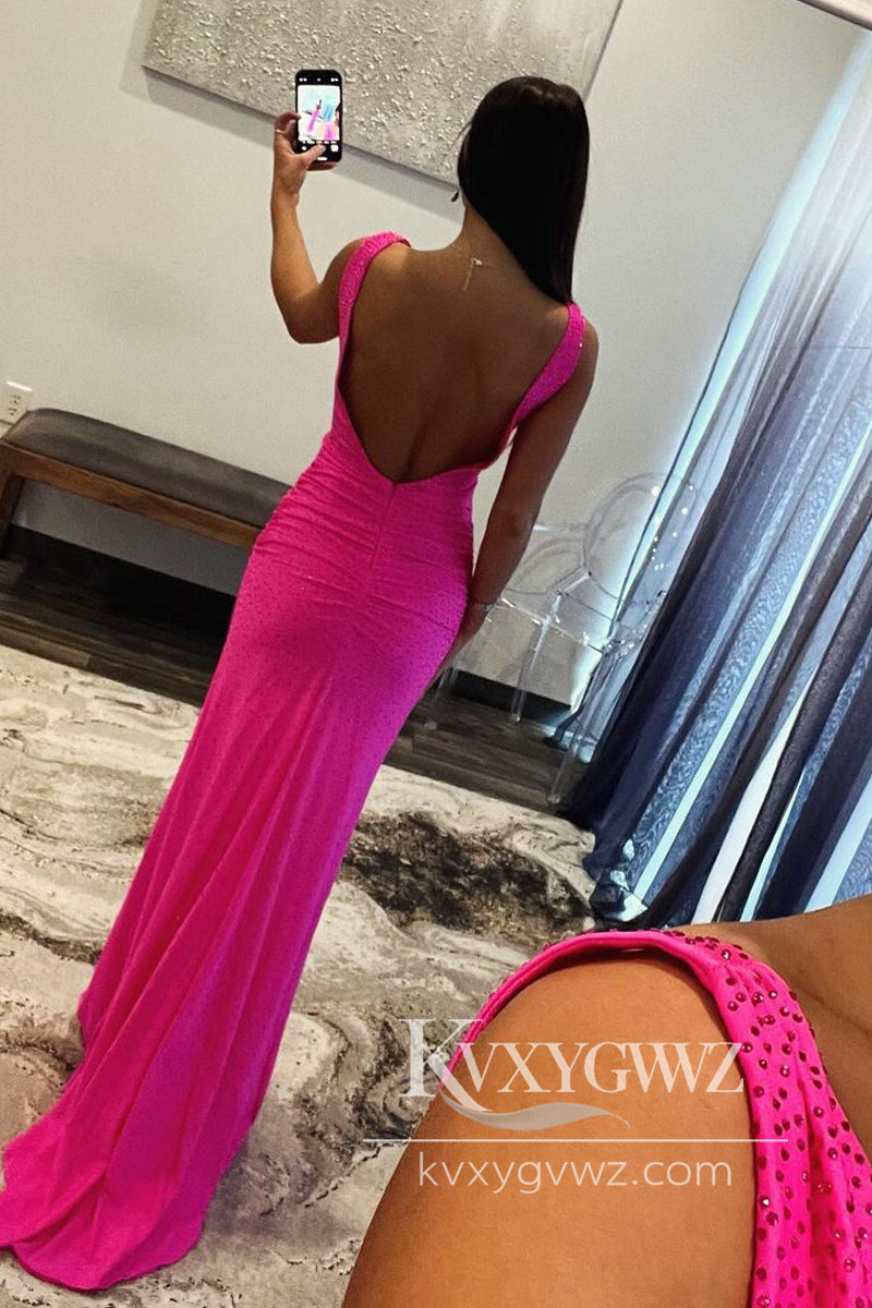 Sexy V-neck Fuchsia Satin Mermaid Evening Gown Long Prom Dress with Beading LF777