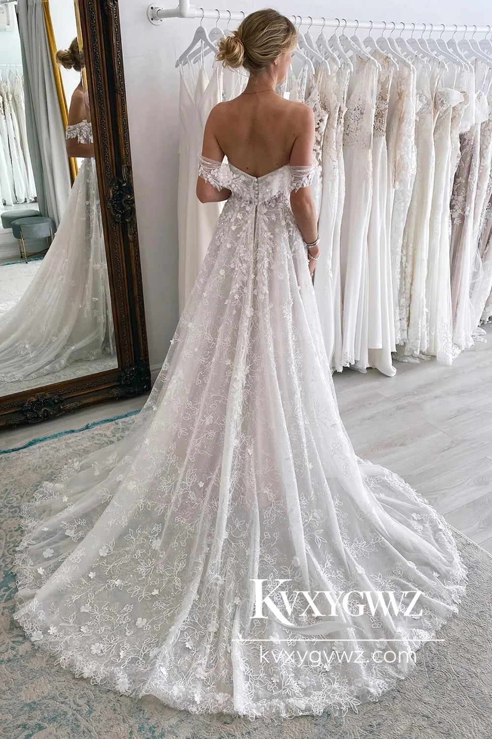 Boho A-Line Off the Shoulder Lace Wedding Dresses Gown With Sweep Train HS779