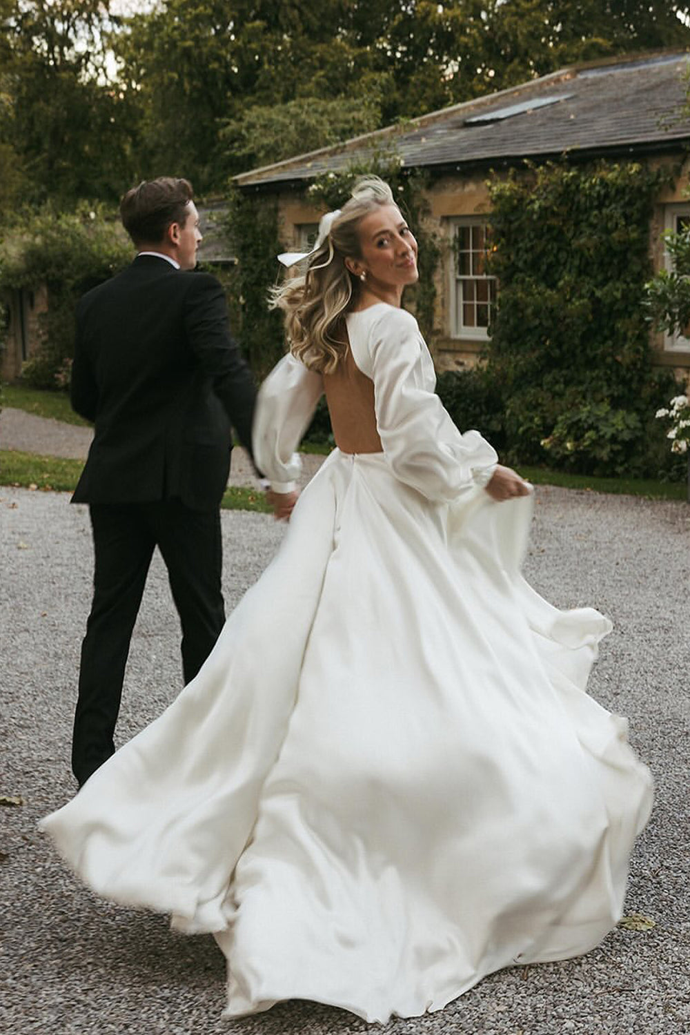 Dazzling A Line V Neck White Satin Wedding Dresses Gown with Ruffled Sleeves HS889