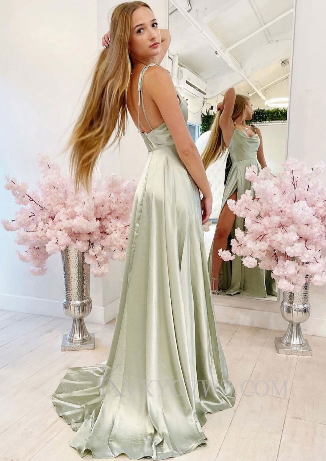 Dusty Sage Satin A Line Spaghetti Strap Sweep Train Prom Dress LF078