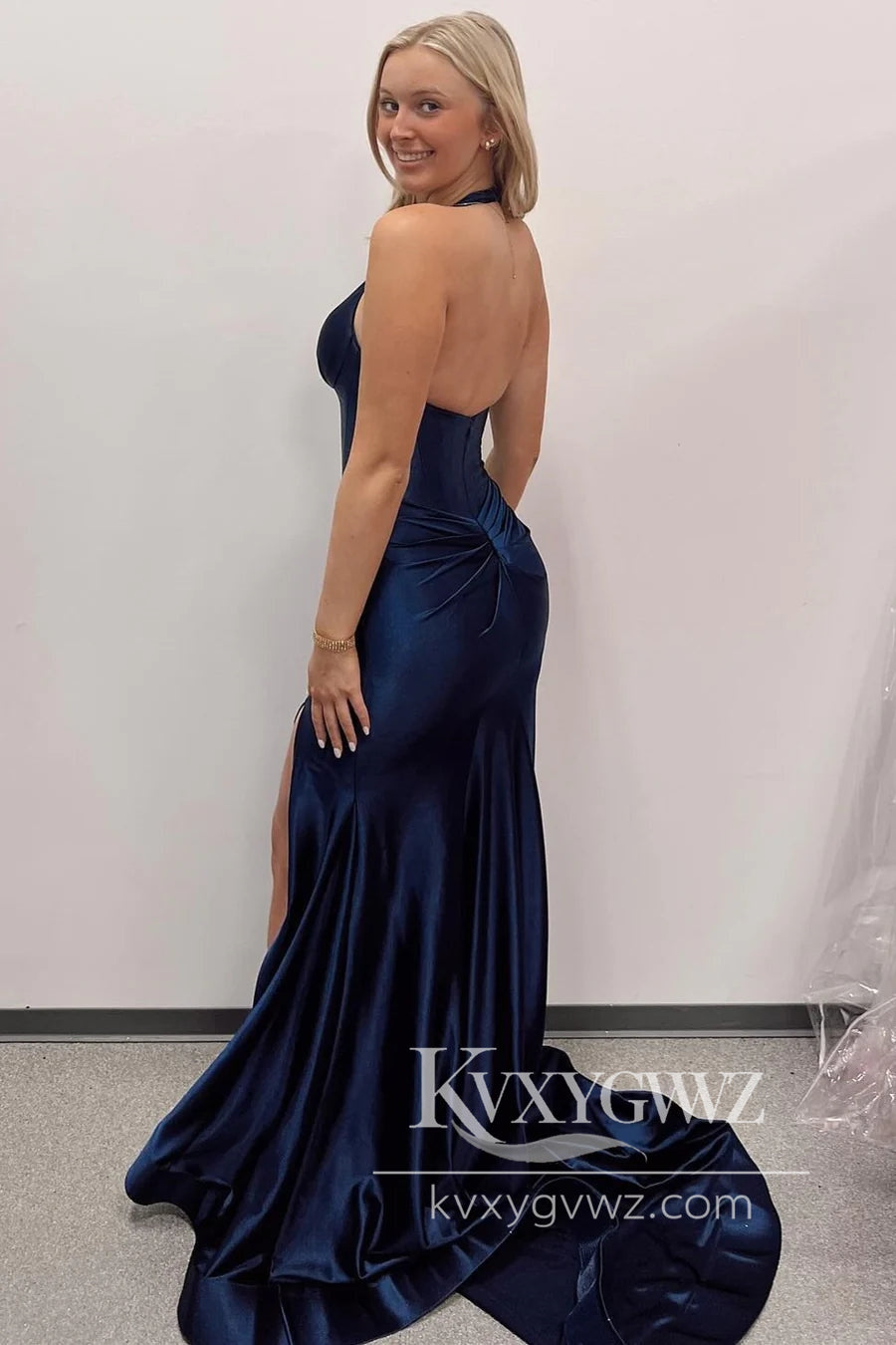 Navy Blue Halter Deep V-neck Evening Gown Mermaid Long Prom Dress with Slit LF783