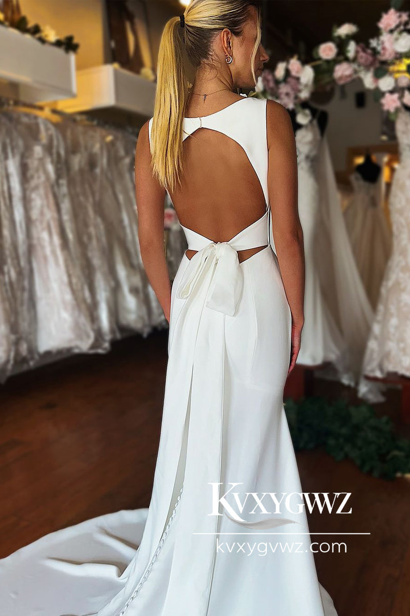 Glamorous Graceful Mermaid V Neck Elastic Satin Long Wedding Dresses Gown with Button HS783