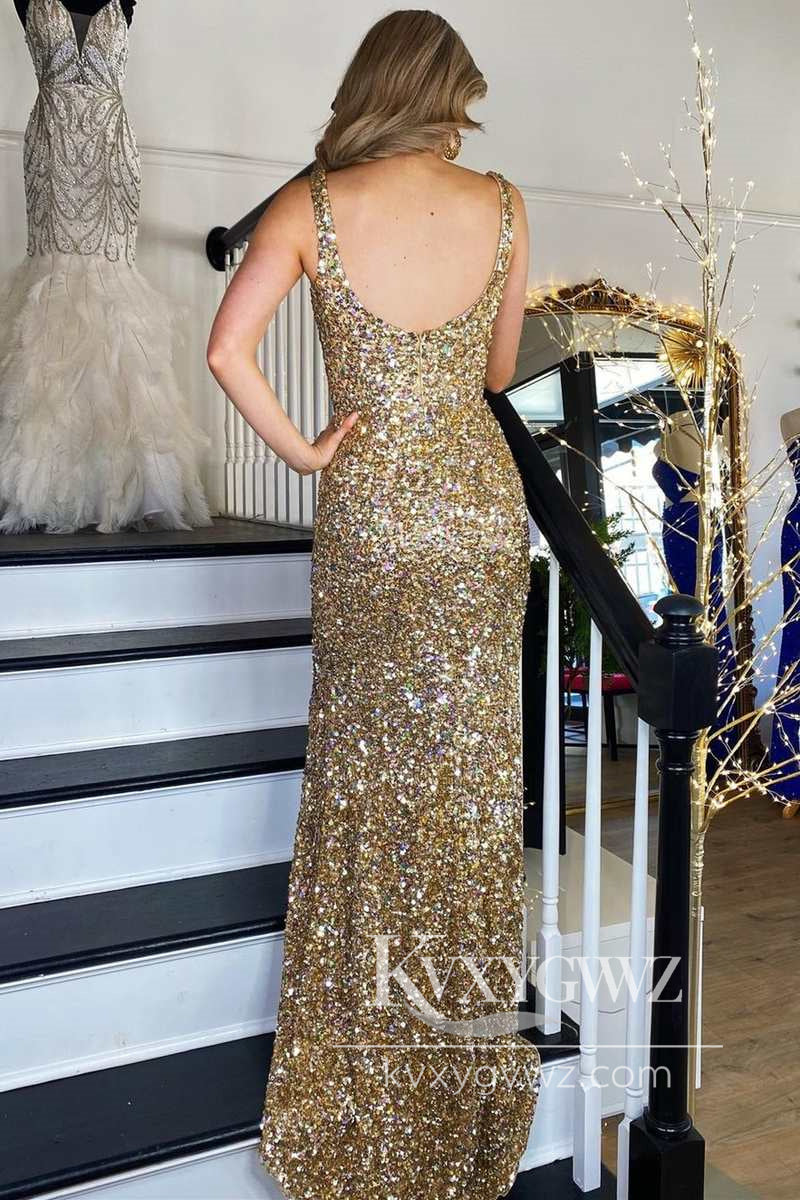 Gold Sequin Square Neck Backless Evening Gown Mermaid Long Formal Prom Dress with Slit LF785