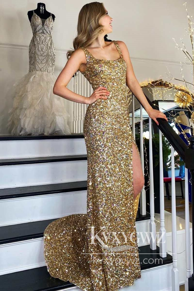 Gold Sequin Square Neck Backless Evening Gown Mermaid Long Formal Prom Dress with Slit LF785