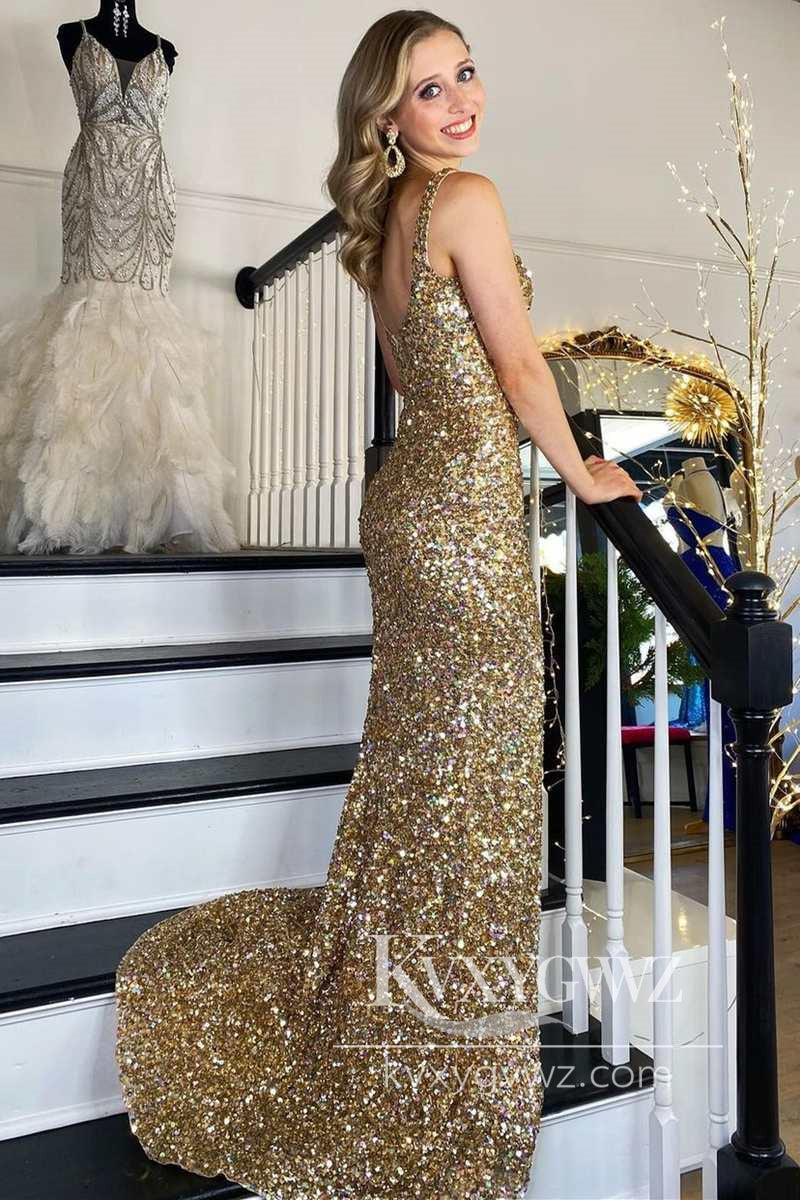 Gold Sequin Square Neck Backless Evening Gown Mermaid Long Formal Prom Dress with Slit LF785