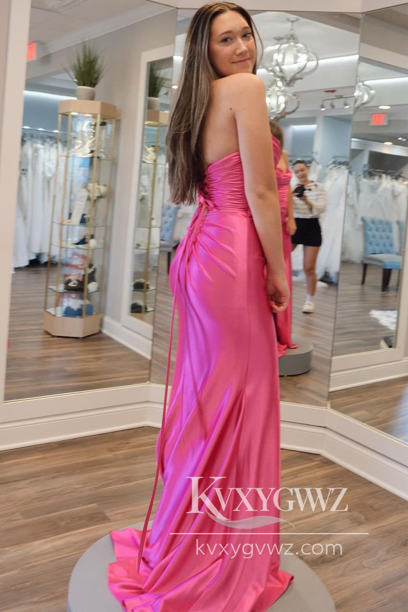 Mermaid Sweetheart Evening Gown Pink Satin Long Prom Dress With Appliques LF786