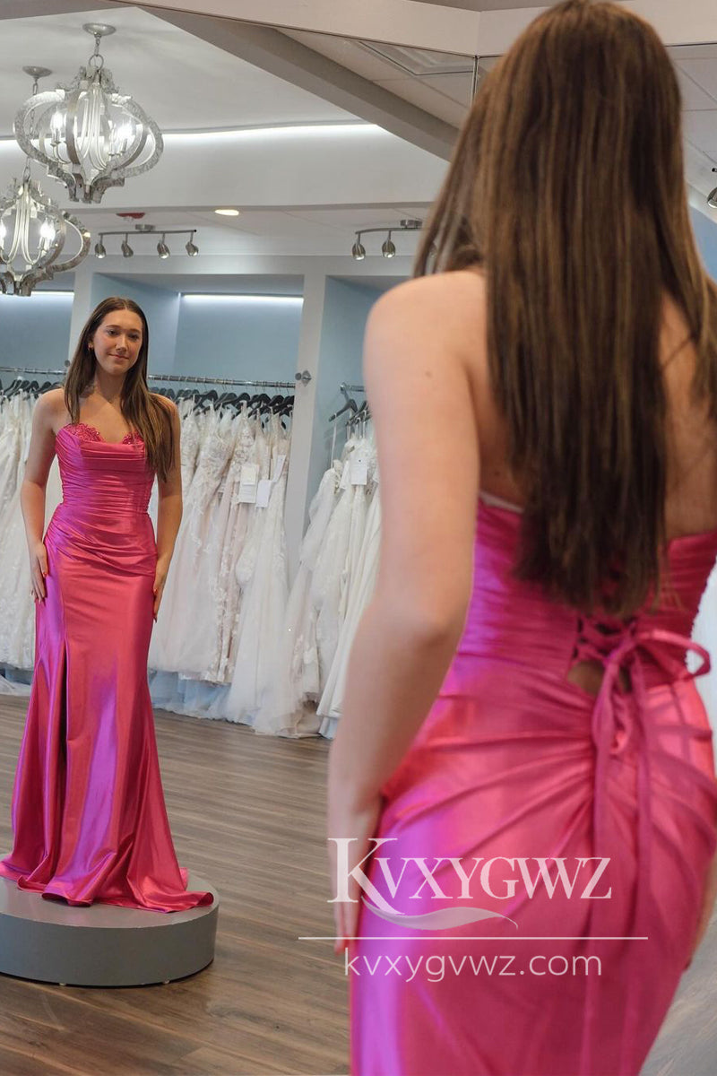 Mermaid Sweetheart Evening Gown Pink Satin Long Prom Dress With Appliques LF786