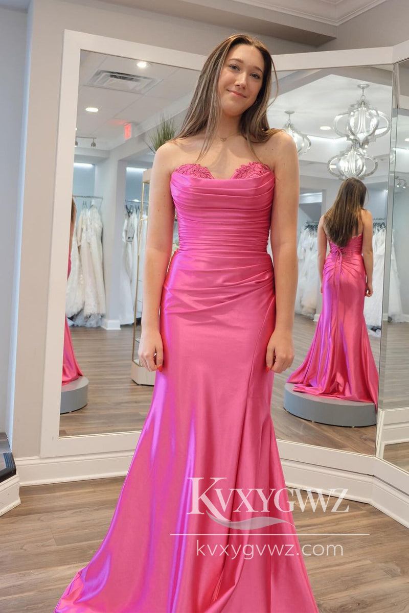 Mermaid Sweetheart Evening Gown Pink Satin Long Prom Dress With Appliques LF786